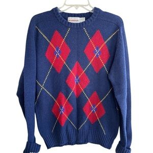 Vintage 80s McGregor Sweater Blue Red Argyle Crewneck Wool Mens Large USA Made